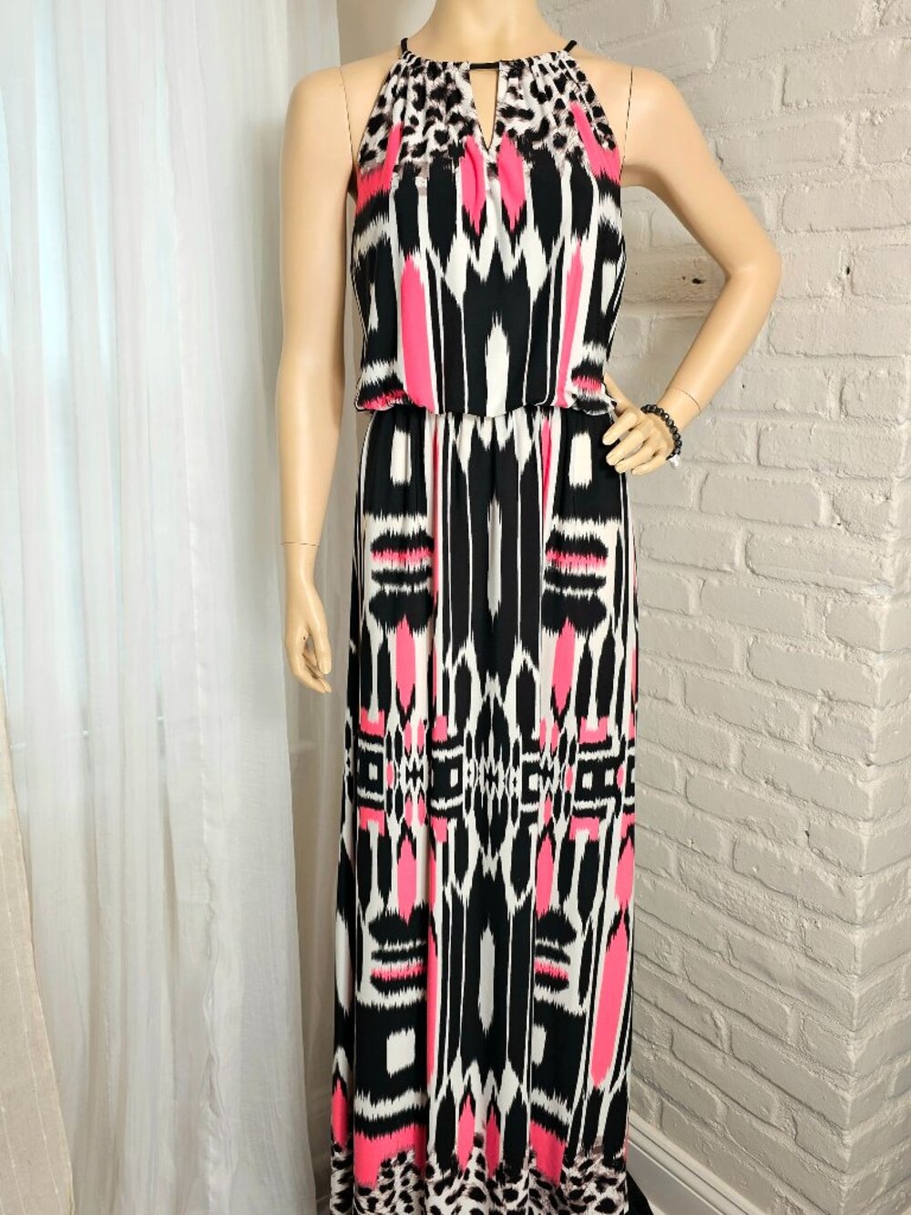 London Times Mixed Print Maxi Dress Ikat Leopard Black Pink Halter Size 8